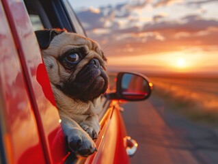 A pug dog leans out of a car window at sunset. AI generated.