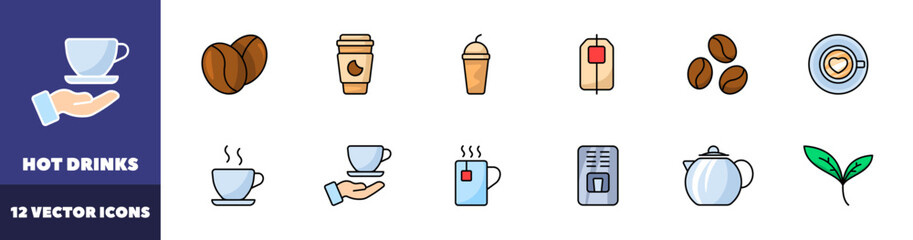 Hot drinks icons set. Coffee and tea icons. Flat style. Vector icons