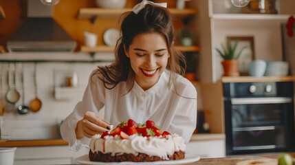 A woman smiling while cutting a cake.