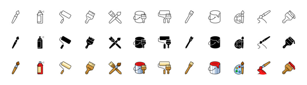 Painting icons collection. Linear, silhouette and flat style. Vector icons