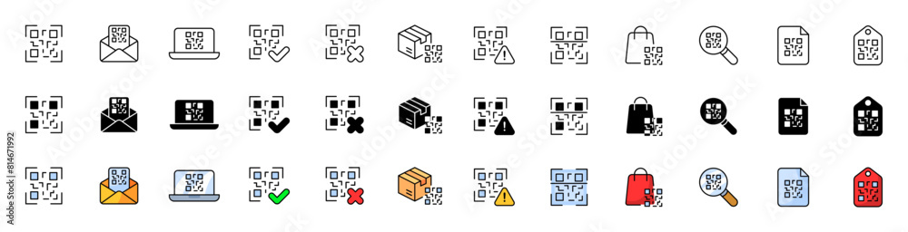 Poster qr-code icons collection. qr-code set. linear, silhouette and flat style. vector icons