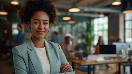 Fototapeta premium A young woman in a business suit standing in an office.