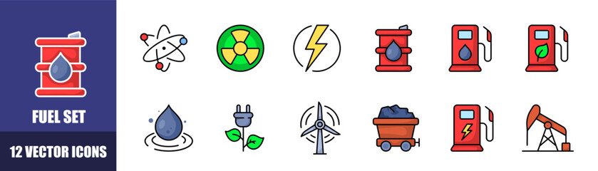 Fuel icons set. Energy set. Flat style. Vector icons
