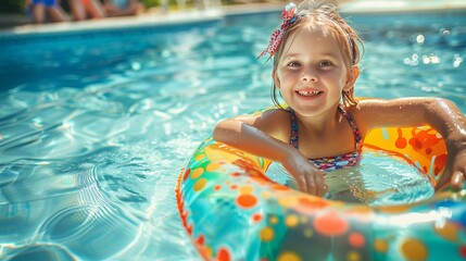 A joyful girl enjoys a colorful inflatable ring in a pool during a warm summer day. Kids learn to swim and play with water toys. They have fun at a tropical resort during a family beach vacation.