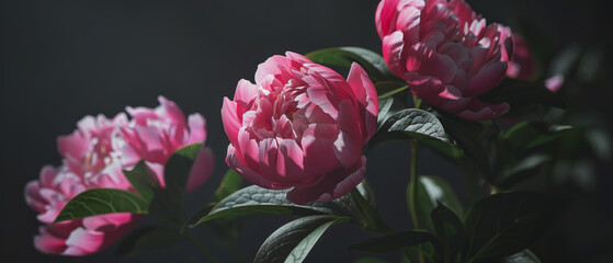 Radiant pink peonies in bloom against a dark, moody background.