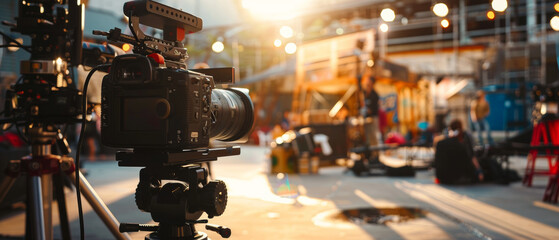 Behind-the-scenes glimpse of a bustling film set with professional camera.