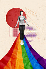Vertical photo collage of girl blurred face stand rainbow colorful stripes lgbt pride propaganda...