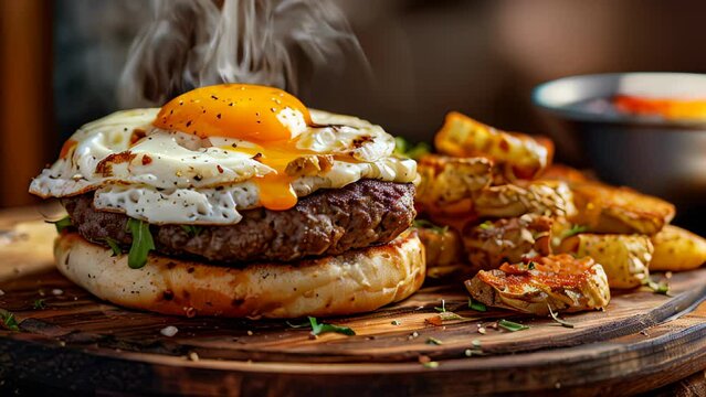 Burger on a wooden plate, with the steam rising from the perfectly cooked sunny-side-up egg at the top the beef patty