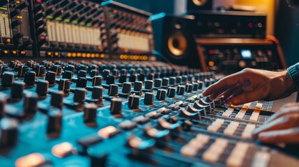 A man is working on a sound mixing console. He's producing and recording music.