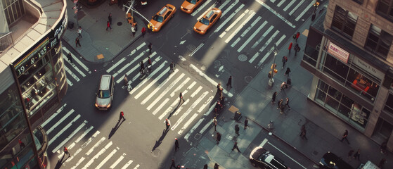 Overhead view of urban life with pedestrians crossing a bustling city street.