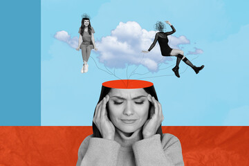 Trend artwork sketch image composite 3D photo collage of young lady suffer headache think lady mind...