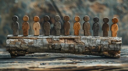 A diverse group of wooden figures stand in a row on a log outdoors.