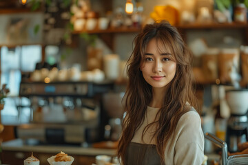 A young woman standing in a coffee shop.