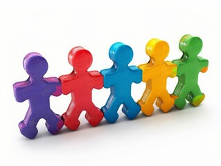 Colorful plastic people holding hands in a row on white background.
