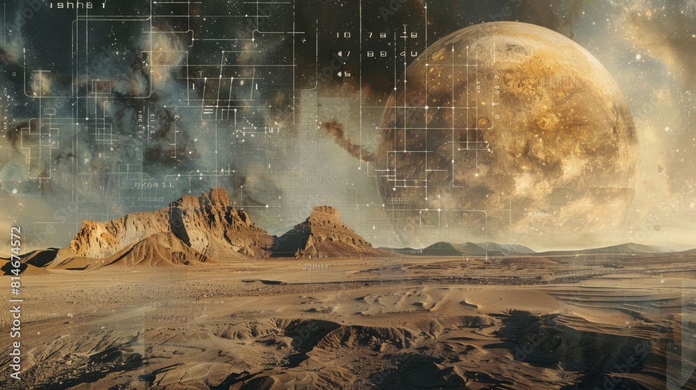 Poster A desolate desert landscape with a large planet in the background. The planet is surrounded by a star field and has a large, glowing moon. The scene is a representation of the vastness