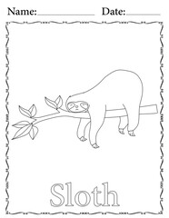Sloth Coloring Page. Printable Coloring Worksheet for Kids. Educational Resources for School and Preschool.