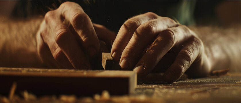 The artistry of woodworking showcased by meticulous hands amid a cascade of wood curls.