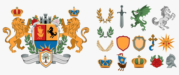 Hand drawn flat heraldic badge icons with illustration set