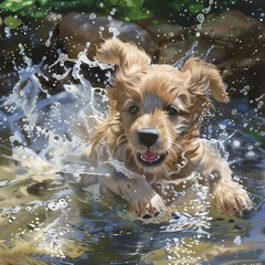 Dogs play happily in the water, splashing water.