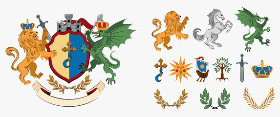 Hand drawn flat heraldic badge icons with illustration set