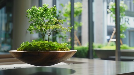 Levitating sculpture centerpiece, symbolizing harmony between technology and nature.