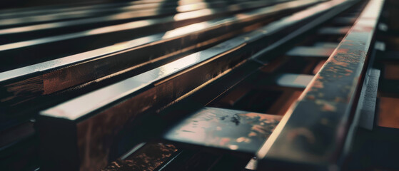 Train tracks gleaming under sunlight, inviting towards distant horizons.