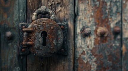Vintage rusty lock on a weathered wooden door evokes nostalgia and security