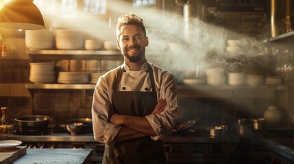 A man is standing confidently in a kitchen, his arms crossed over his chest. He appears to be observing his surroundings with a serious expression.