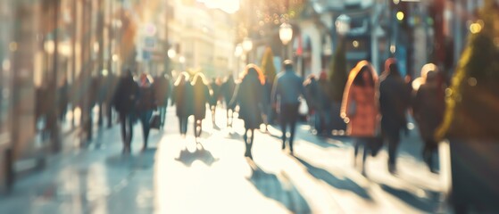 Obraz premium blurred image, a busy shopping street with people walking in all directions. The sun is shining brightly and there is a warm glow over the scene.