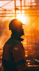 Obraz premium A man is standing in front of a factory with the sun setting behind him, casting a warm glow. The factory appears to be in operation, with smokestacks emitting smoke.