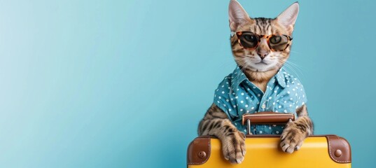 An cat with sunglasses is ready to travel. Pastel blue background. Creative travel advertising, 