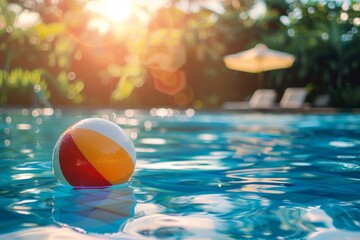 Creative summer holidays background. Colorful beach ball floating on the pool. Inflatable ball floating.