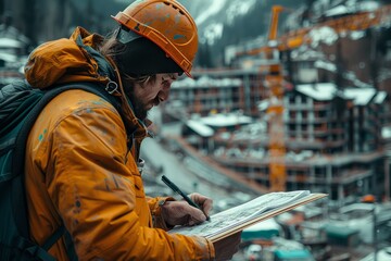 Architect sketching an architecture plan, outdoor site visit, hard hat, construction site background