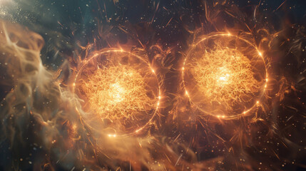Abstract cosmic dance, twin fiery orbs twist amidst a shower of sparks and energy filaments.
