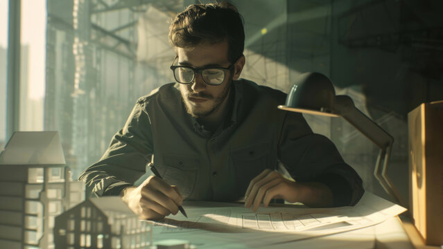 A pensive designer drafts plans amidst models and the golden glow of dawn.