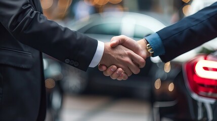 A person in a suit shakes hands with a chauffeur while standing in front of a car door. They are setting up a ride or travel accommodations.