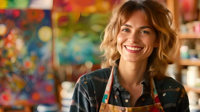 female painter in a splattered apron, standing in a colorful art studio, canvases behind