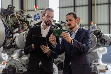 Robotic engineer manager meeting business partner talking heavy machinery technology agreement...