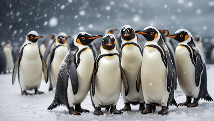 A group of penguins standing on ice in the snow.

