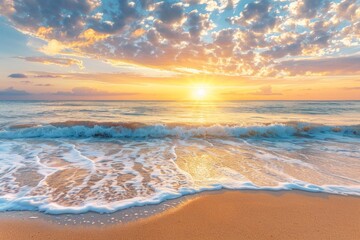 Obraz premium Landscape with sea ​​waves and sunset at the beach. Creative summer wallpaper. Closeup sea sand beach.