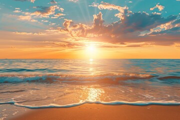 Landscape with sea ​​waves and sunset at the beach. Creative summer wallpaper. Closeup sea sand beach.