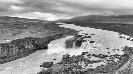 Aerial view landscape of the Godafoss famous waterfall in Iceland. The breathtaking landscape of Godafoss waterfall
