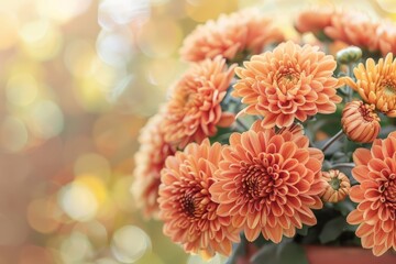 Close up of bouquet of orange chrysanthemum flowers in pot in garden, background image, banner image