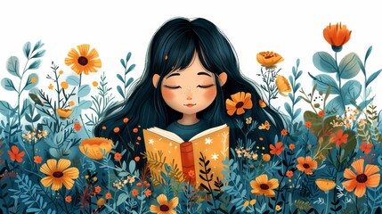 This cute illustration features a girl with a book and flowers against a white background.