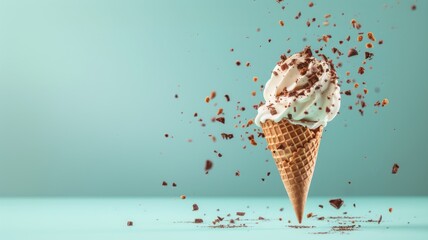 Ice cream cone with chocolate crumbs isolated on blue background. Ice cream cone is flying during photo session. Creative summer concept. 