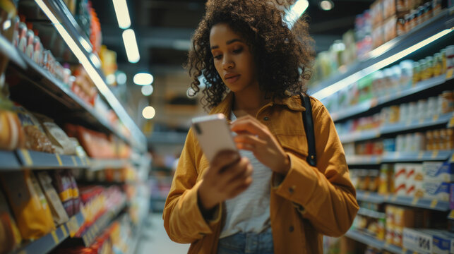 Customer using smartphone to check prices while shopping in grocery store aisle.