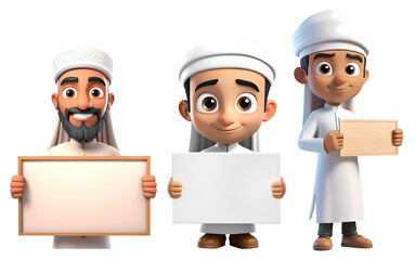 3d rendering male cartoon characters holding a blank sign isolated on transparent background, PNG file add