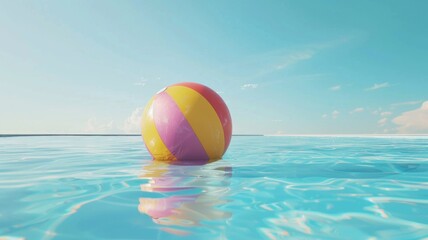 Creative summer holidays background. Colorful beach ball floating on the sea. Inflatable ball floating.