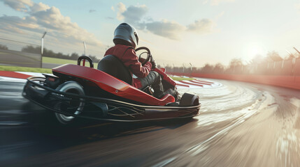 Fototapeta premium Thrilling go-kart race with a driver cornering at high speed on a track.