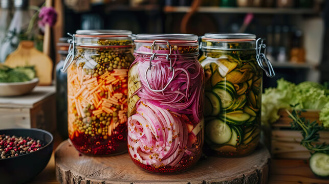 Colorful fermented vegetables in jars